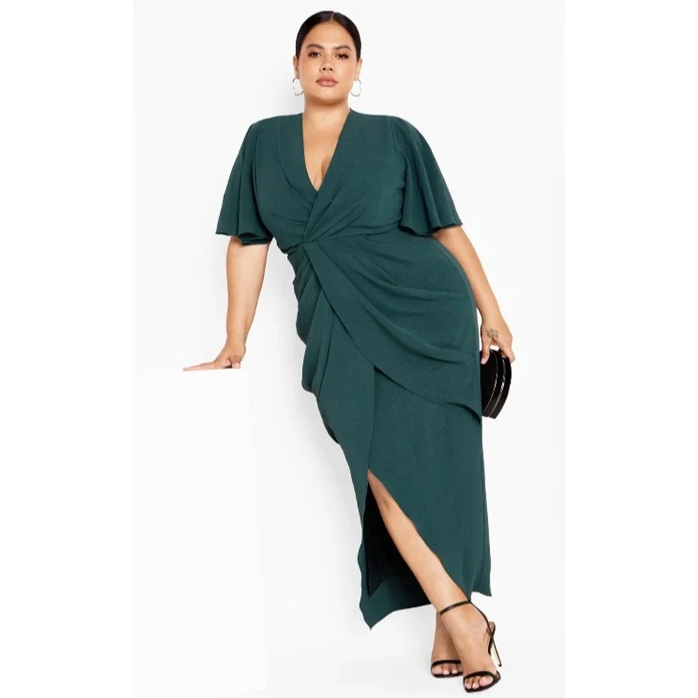 City Chic Braelynn Maxi Dress Emerald Tulip Flutter S Plus Size 16 Wedding *Flaw - Picture 1 of 16